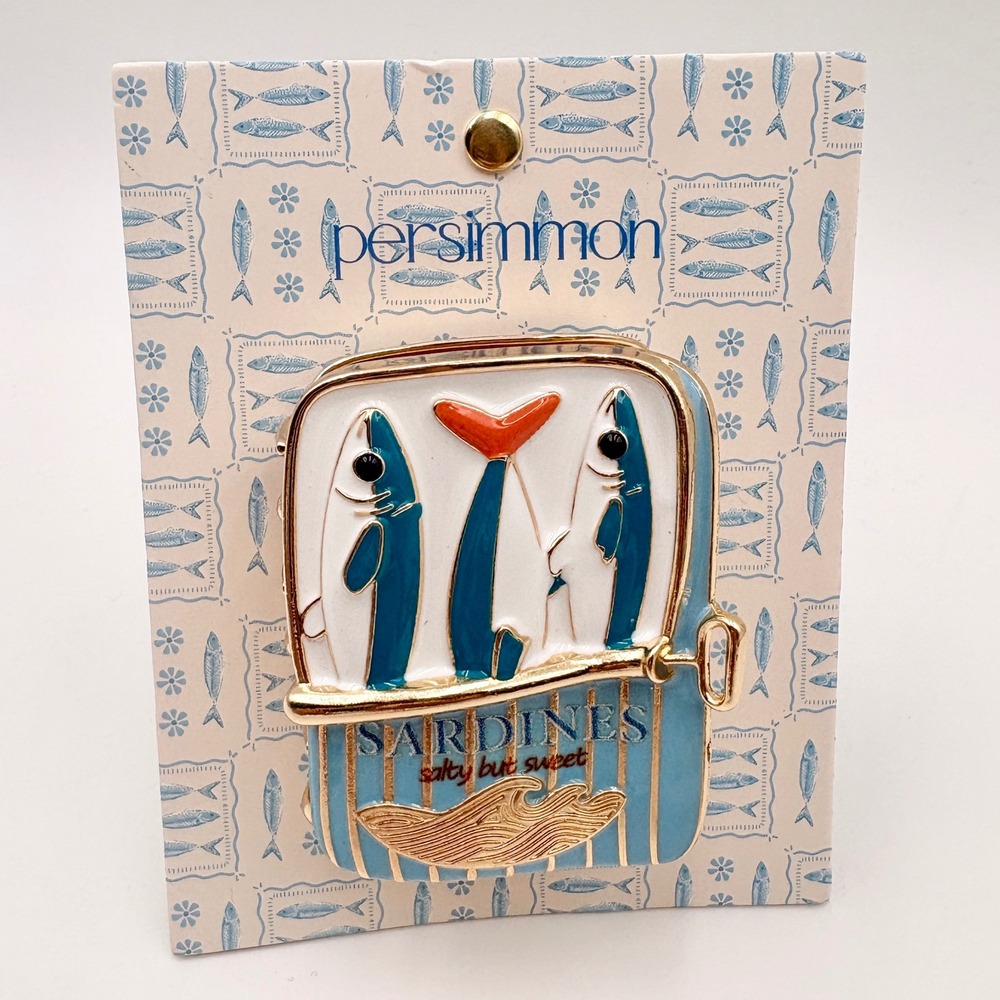 Persimmon Sardines Salty But Sweet Hair Claw Clip Blue Gold Enamel Tinned Fish